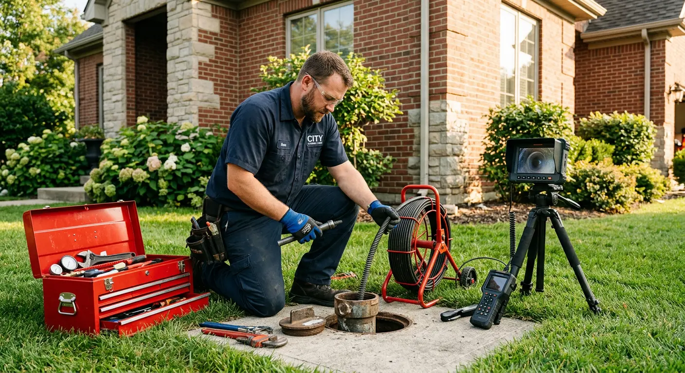 Sewer specialist with camera equipment servicing a cleanout in Lock Haven