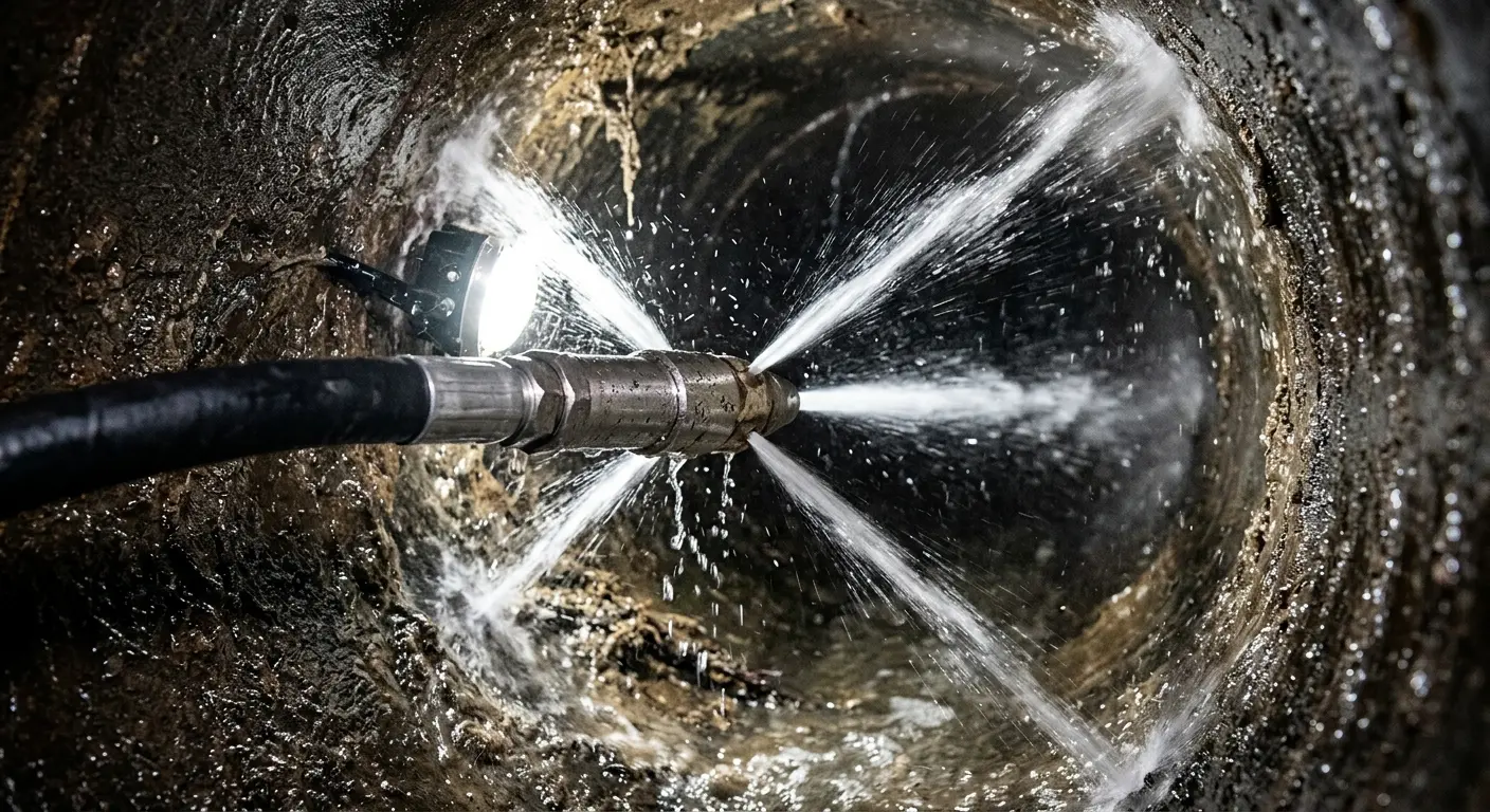 High-pressure hydro jetting nozzle cleaning sewer pipe for Emergency Drain Service in Lock Haven