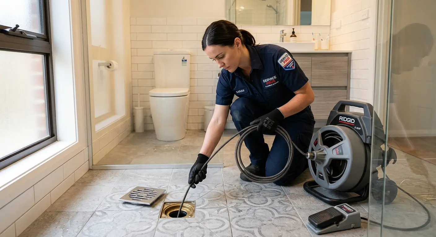Technician clearing a bathroom floor drain for Sewer Line Installation in Lock Haven